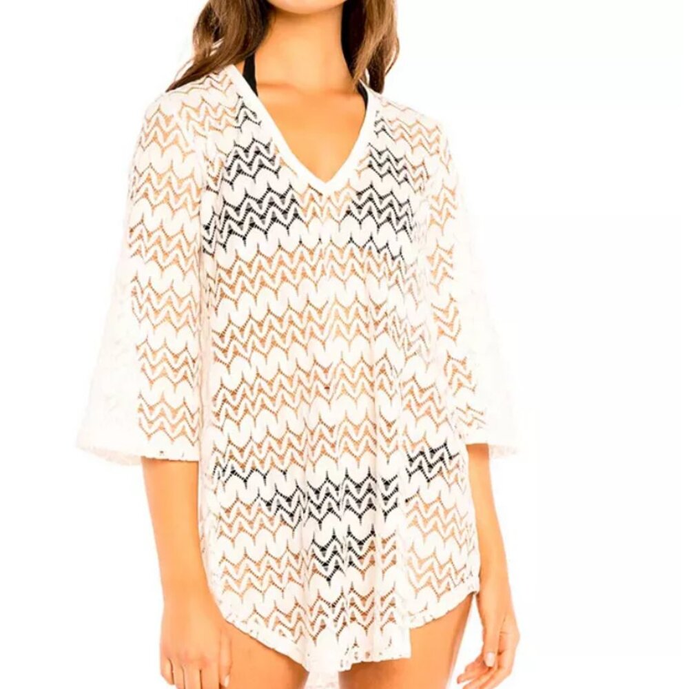 Jordan Taylor Swim Cover Up Women Large Tunic Ivory Lace Pullover 3/4 Sleeves M